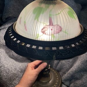 Floral Glass Table Lamp with Gold Tone Base-Vintage Purple Morning Glories-